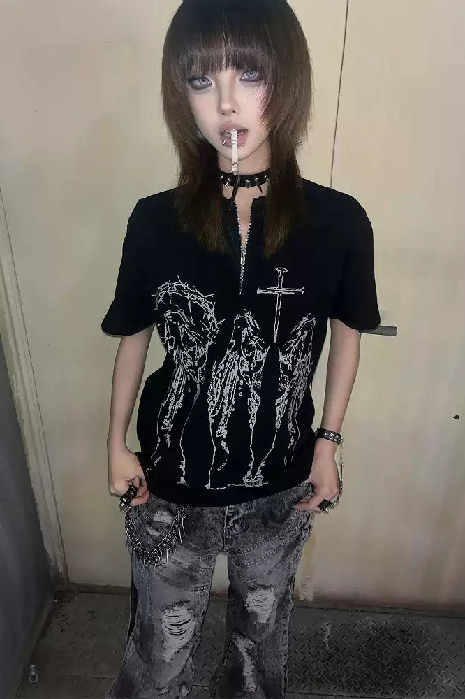 Black Silk Half-Zip Vintage Alt-Girl T-shirt Main image