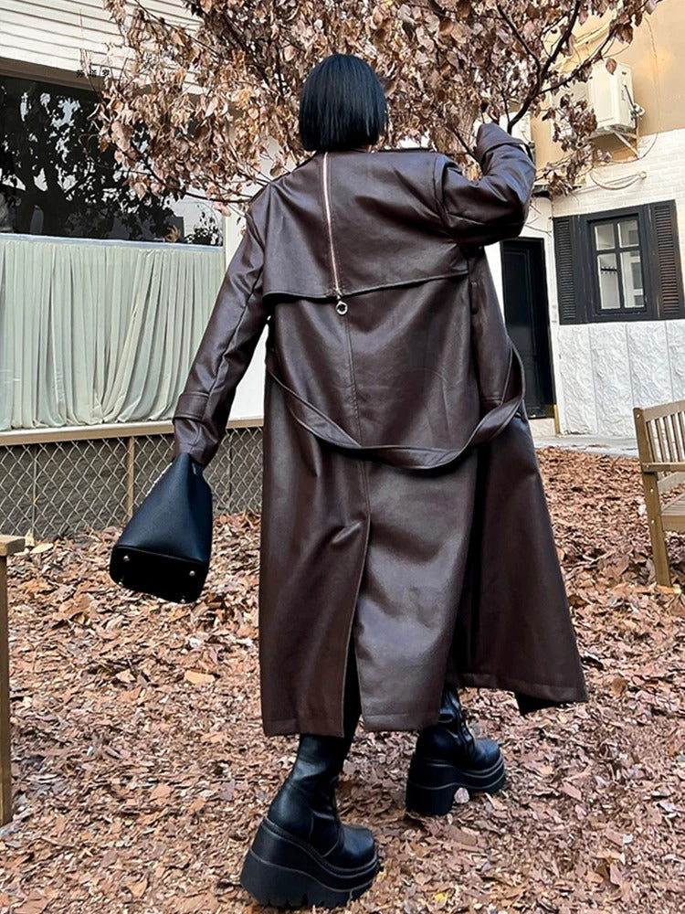 Loose Fit Long PU Leather Long Coat Secondary image