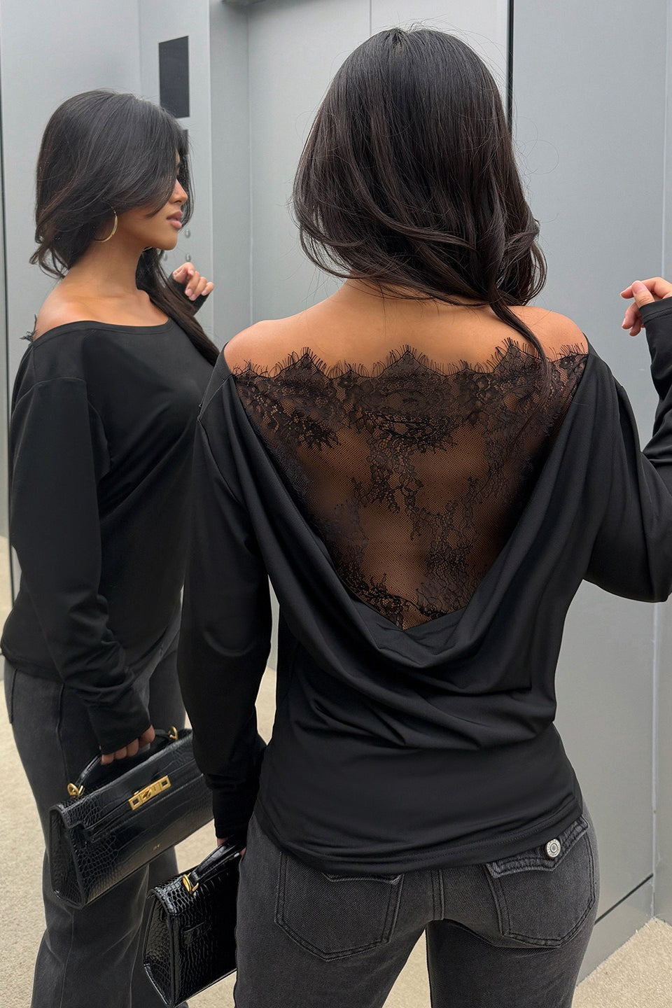 Lace Back Wide Neck Sweatshirt