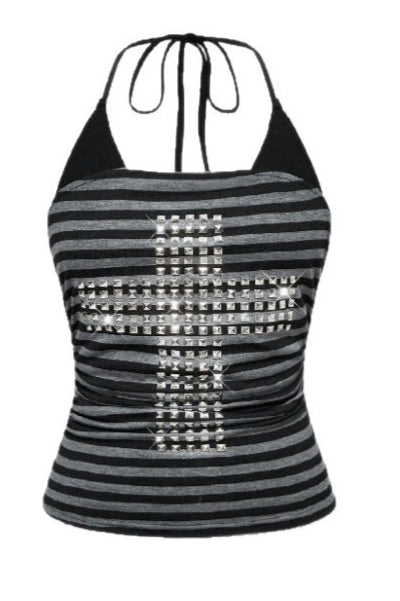 Striped Cross Detail Halter Tank Top