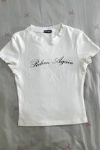 Letter Rhinestone Angel Wings Short Sleeve T-shirt