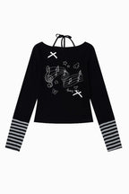 Musical Note Print Striped Halter Top