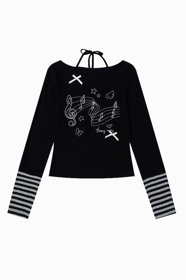 Musical Note Print Striped Halter Top