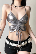 Silver Backless Halter Cami Crop Top