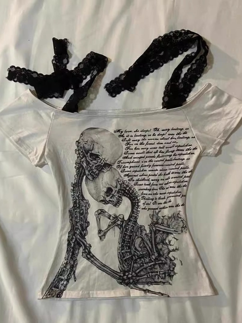 Retro Skull Print Y2K Lace-up Sheer T-shirt Main image