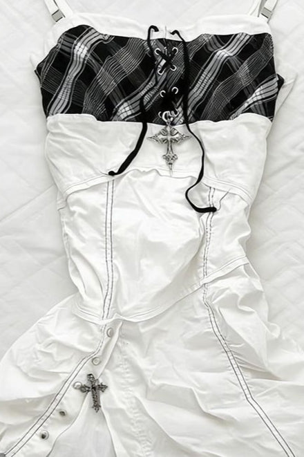 Plaid Patchwork Lace-Up Cami Mini Dress