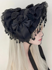 Gothic Lolita Black Pearl Tassel Lace Bow Feather Hat