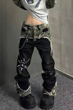 Camo Panel Distressed Flare Jeans