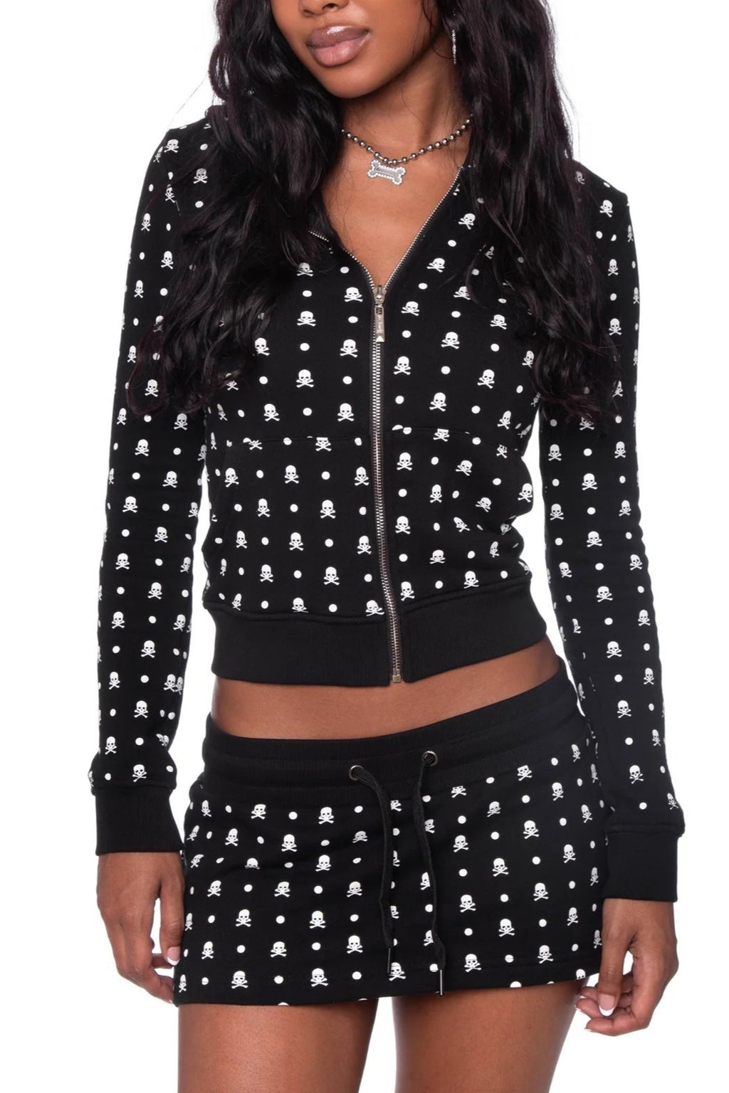 Skull Print Zip Hoodie Skirt Sets