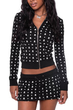 Skull Print Zip Hoodie Skirt Sets