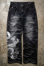 Dragon Skeleton Embroidered Washed Wide Leg Jeans
