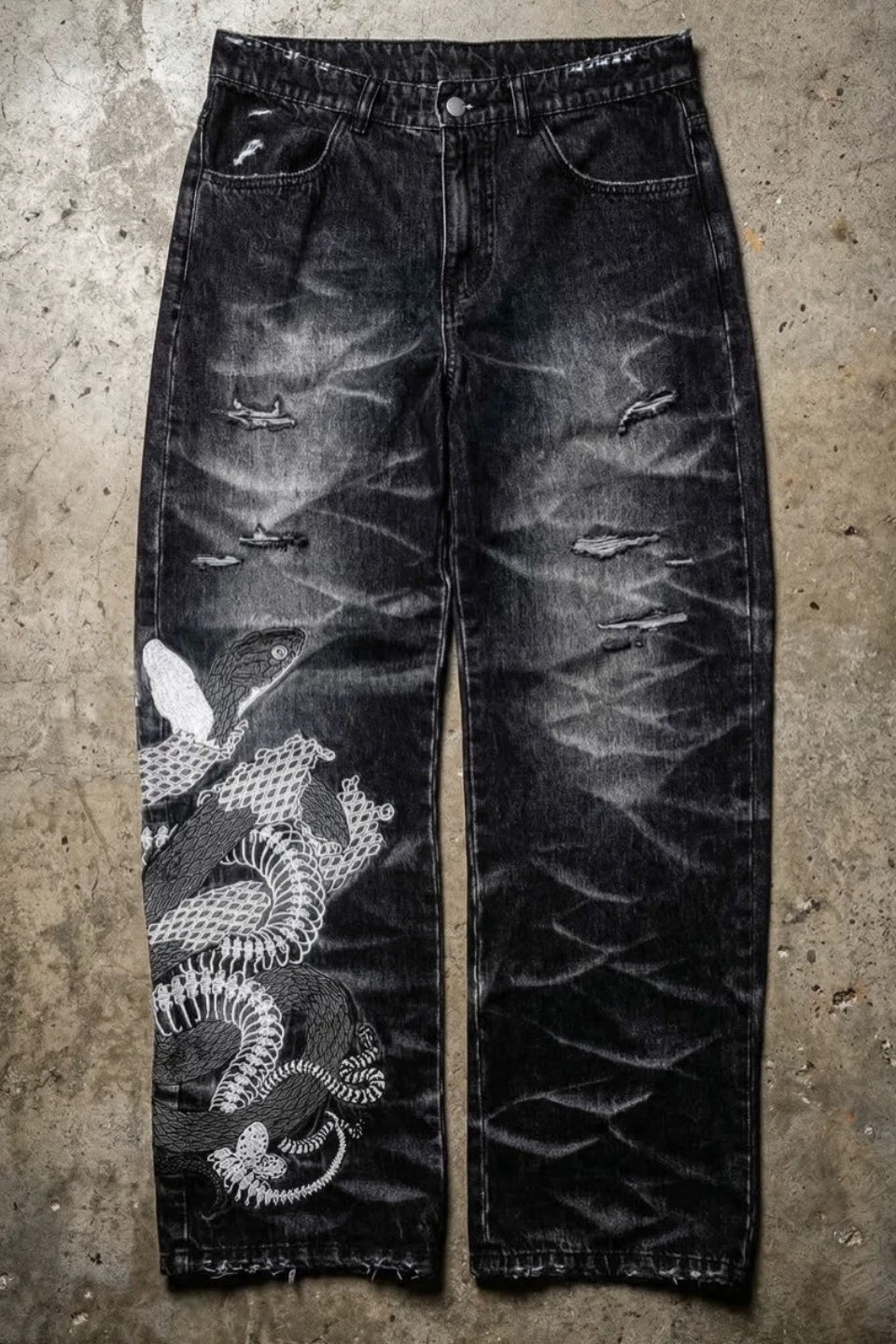 Dragon Skeleton Embroidered Washed Wide Leg Jeans