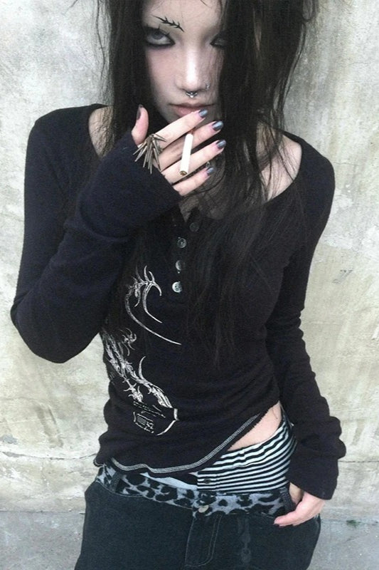 Tattoo Print Irregular Gothic Knit Top