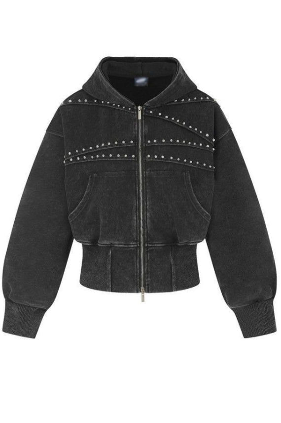 Washed Studded Cropped Zip Hoodies