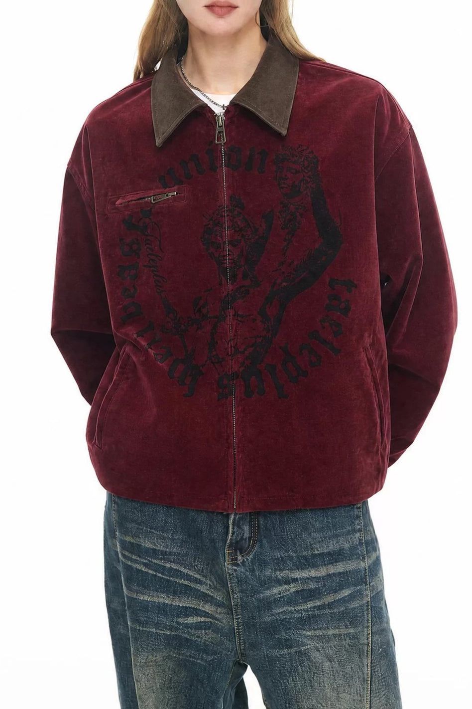 Printed Suede-Look Panel Jacket