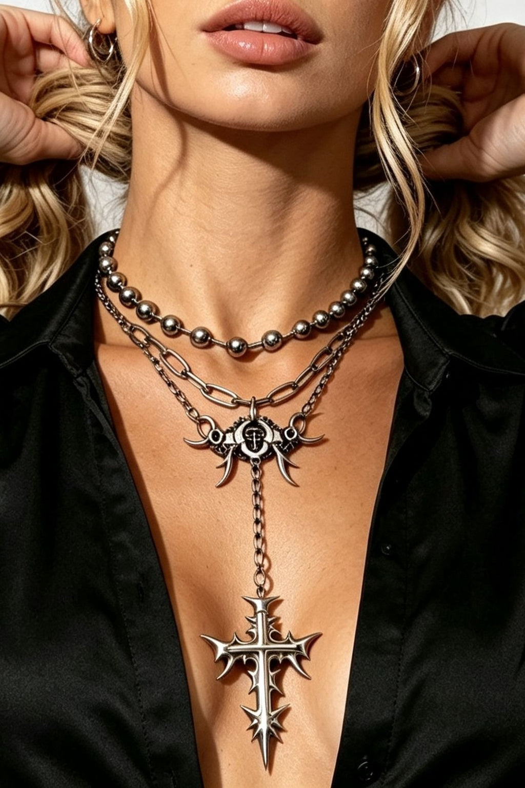 Layered Cross Pendant Chain Necklaces
