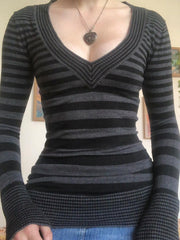 Y2K Striped Women's V - neck Slim Knit Top