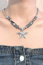 Black Silver Beaded Star Necklace