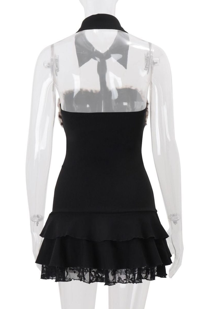 Leopard Trim Collar Halter Mini Dress