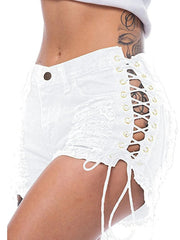 Sexy Side Lace Up Ripped Denim Shorts