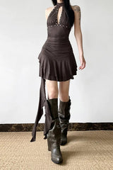 Dark Vintage Halter Backless Rivet Mini Dress