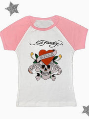 Dark Vintage Skull Rose Print T-shirt