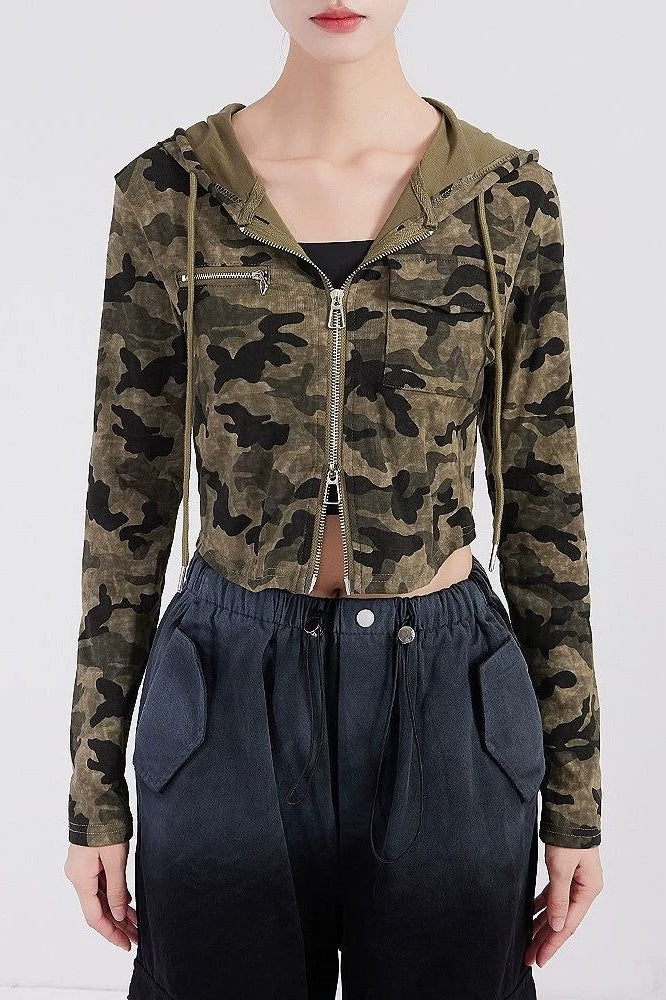 Camouflage Double Zip Cropped Hoodies
