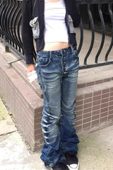Street Punk Vintage Distressed Curved Denim Pants