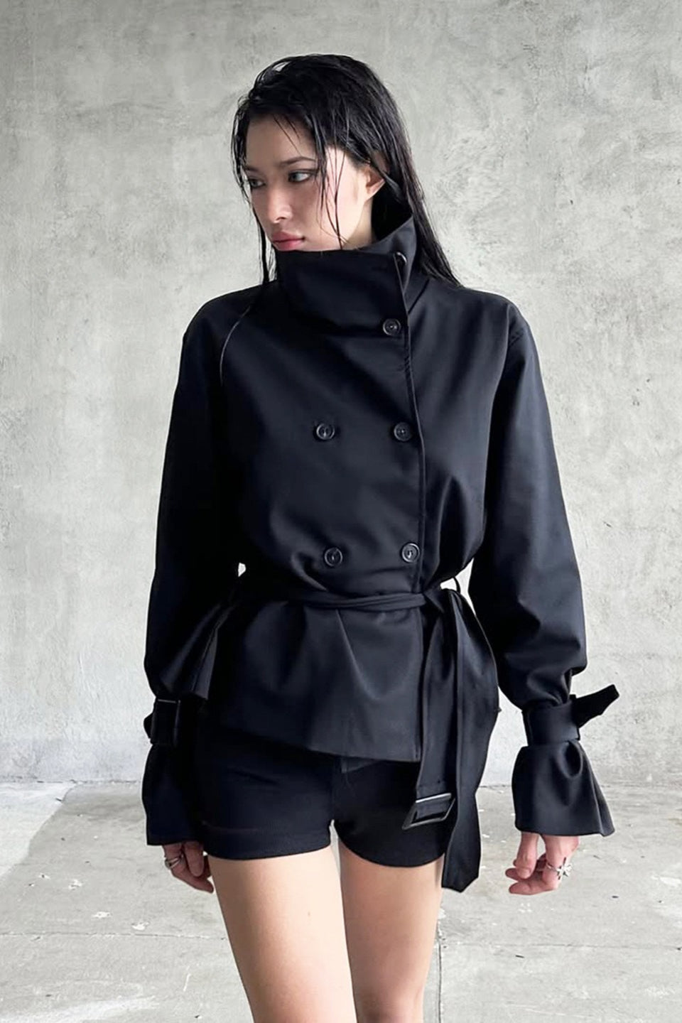 Unique Tie Waist Button Stand Collar Trench Coat Secondary image