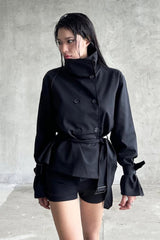 Unique Tie Waist Button Stand Collar Trench Coat