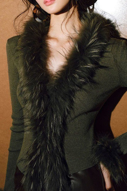 Fluffy Trim Olive Ribbed Cardigans