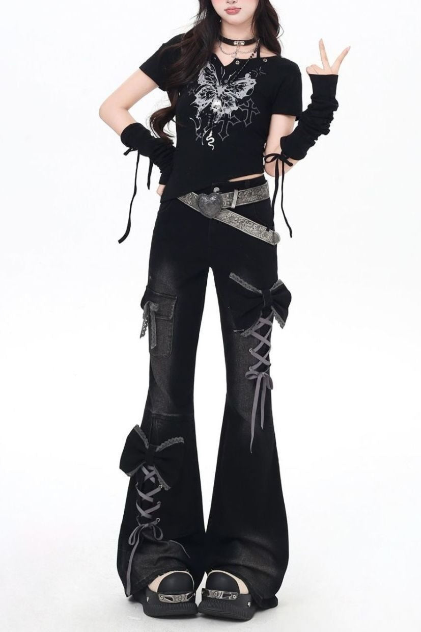 Bow Detail Flared Denim Pants