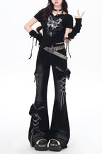 Bow Detail Flared Denim Pants