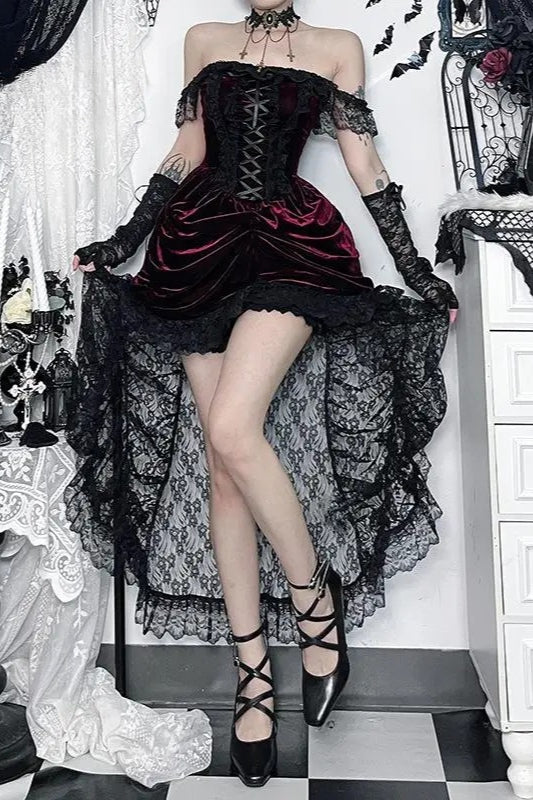 Elegant Dark Red Velvet Lace Midi Dress Secondary image