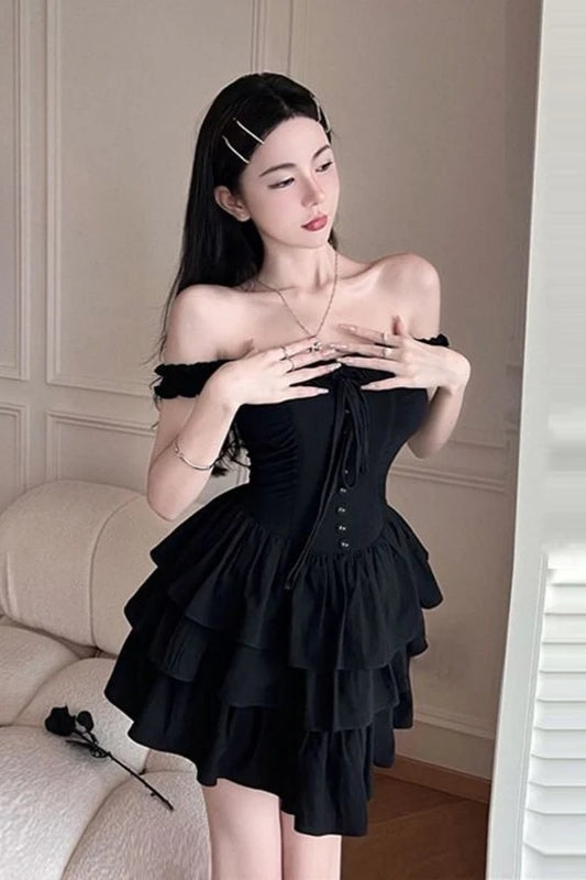 Black Off Shoulder Fringed Suspender Mini Dress Secondary image
