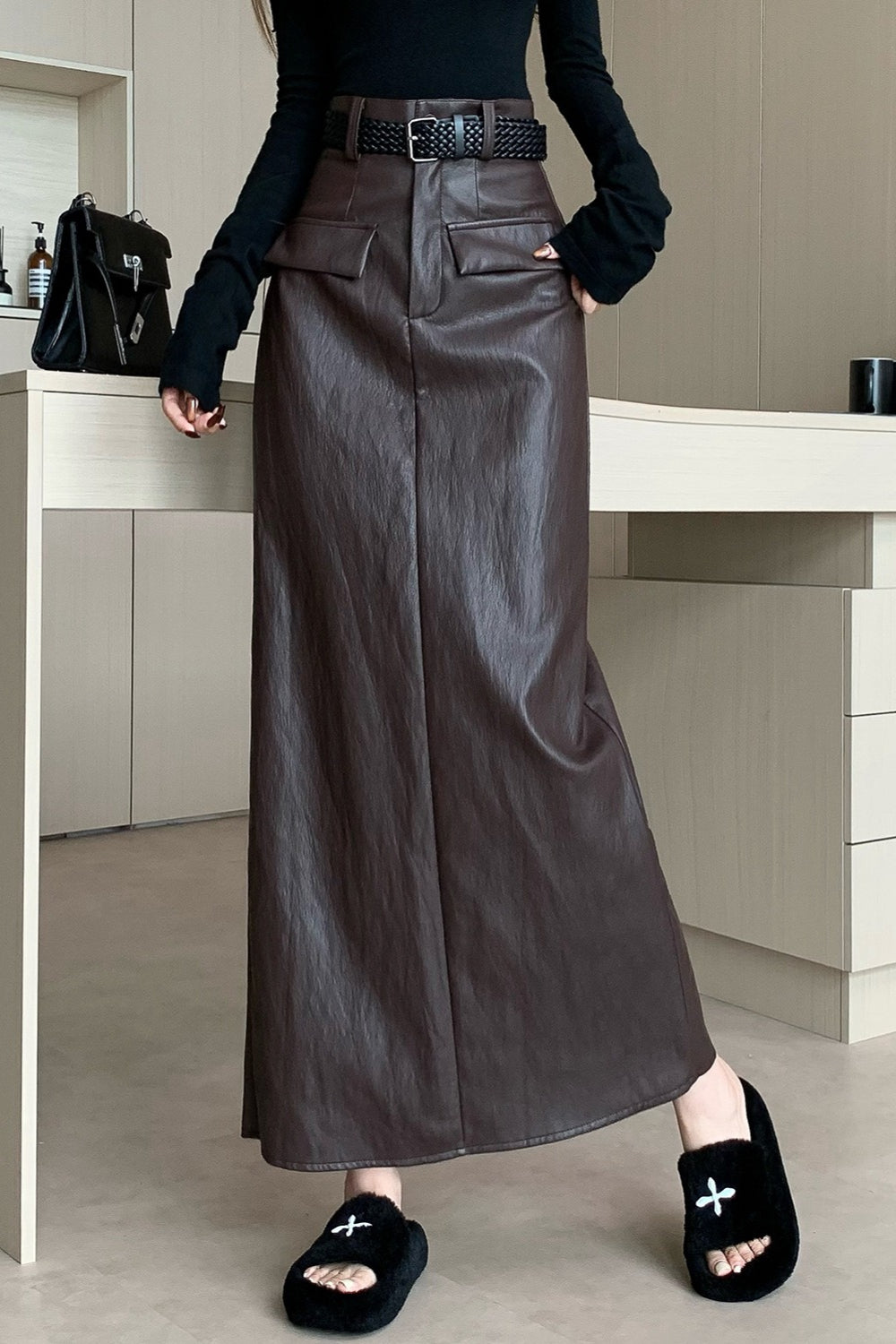 Chic PU Leather Pocketed Straight Maxi Skirt Secondary image