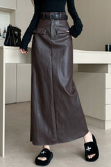 Chic PU Leather Pocketed Straight Maxi Skirt