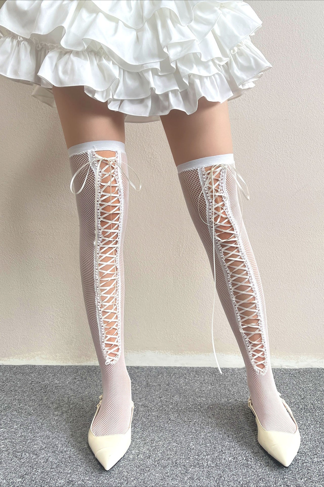Y2K Lace Fishnet Tie Thin Over Knee Socks Secondary image
