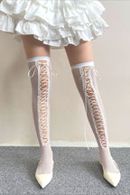 Y2K Lace Fishnet Tie Thin Over Knee Socks