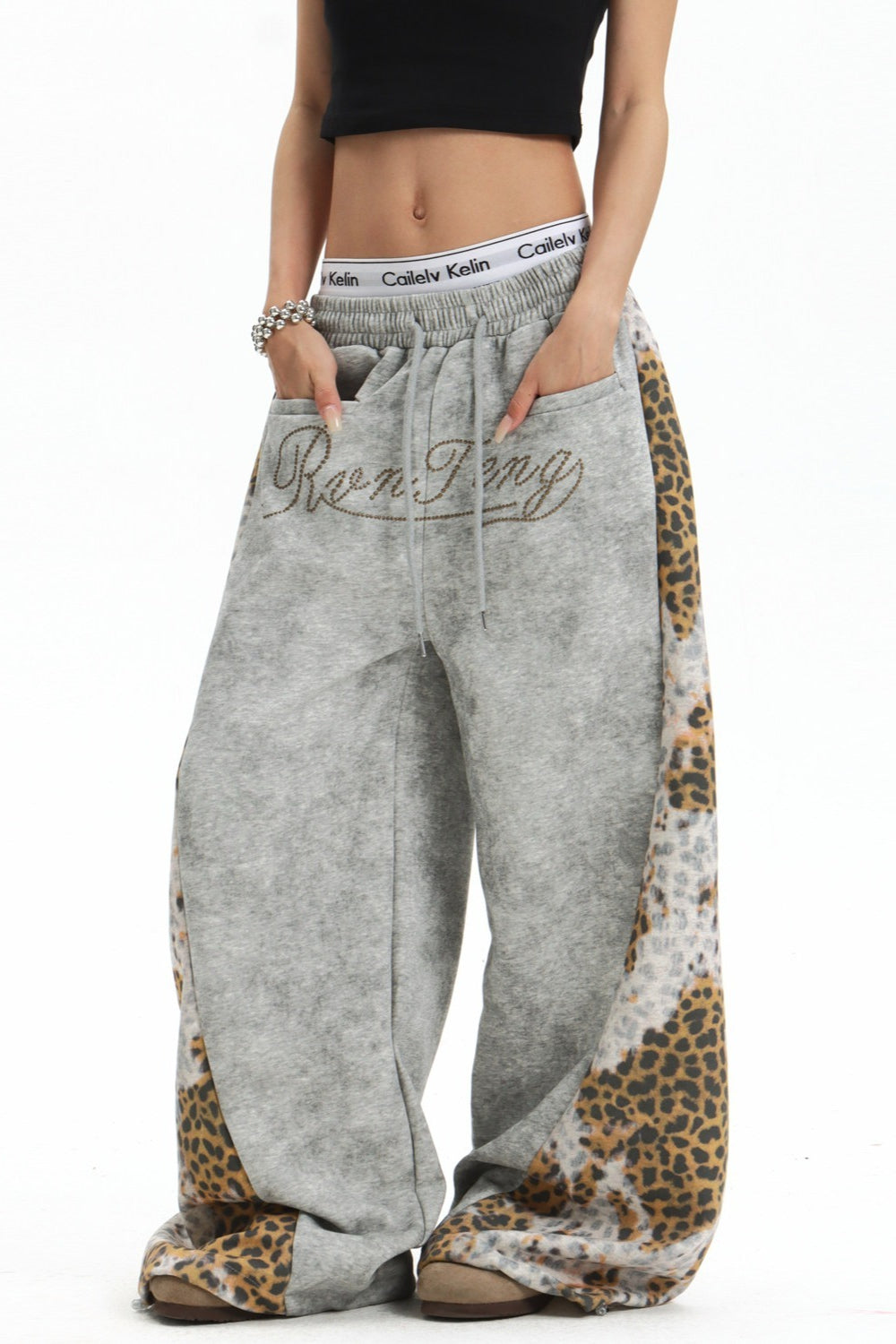 Leopard Panel Wide Leg Pants
