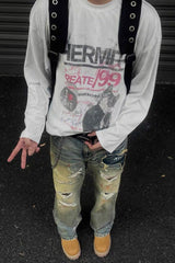 American Style Cat Print Long Sleeve Knit Top