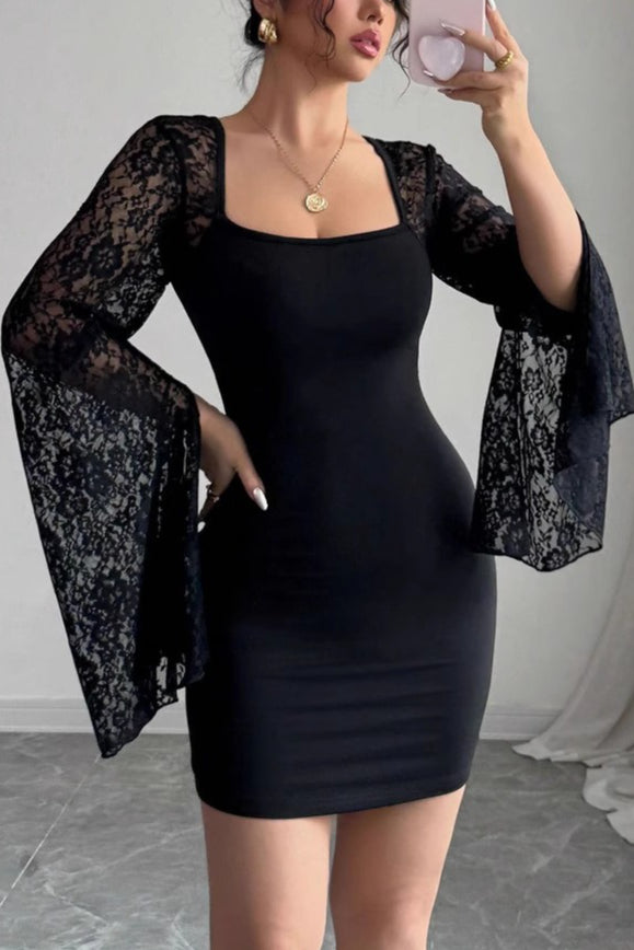 Square Neck Lace Sleeve Mini Dress