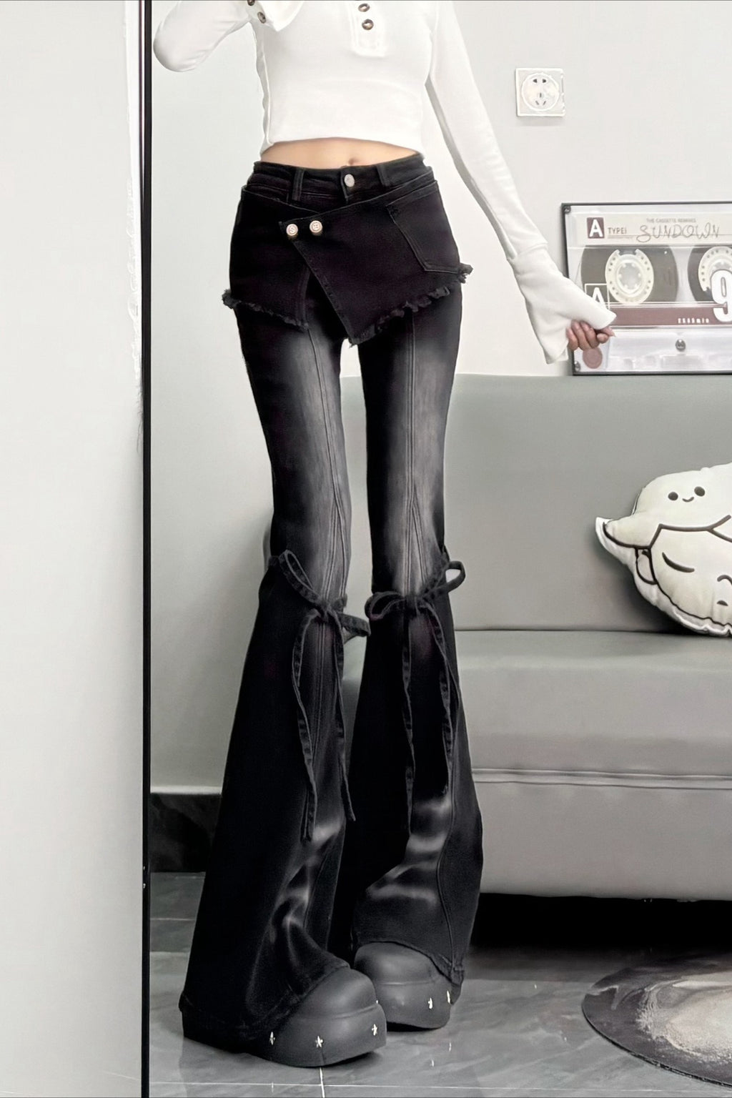 Bow Strap Layered Waist Flare Pants