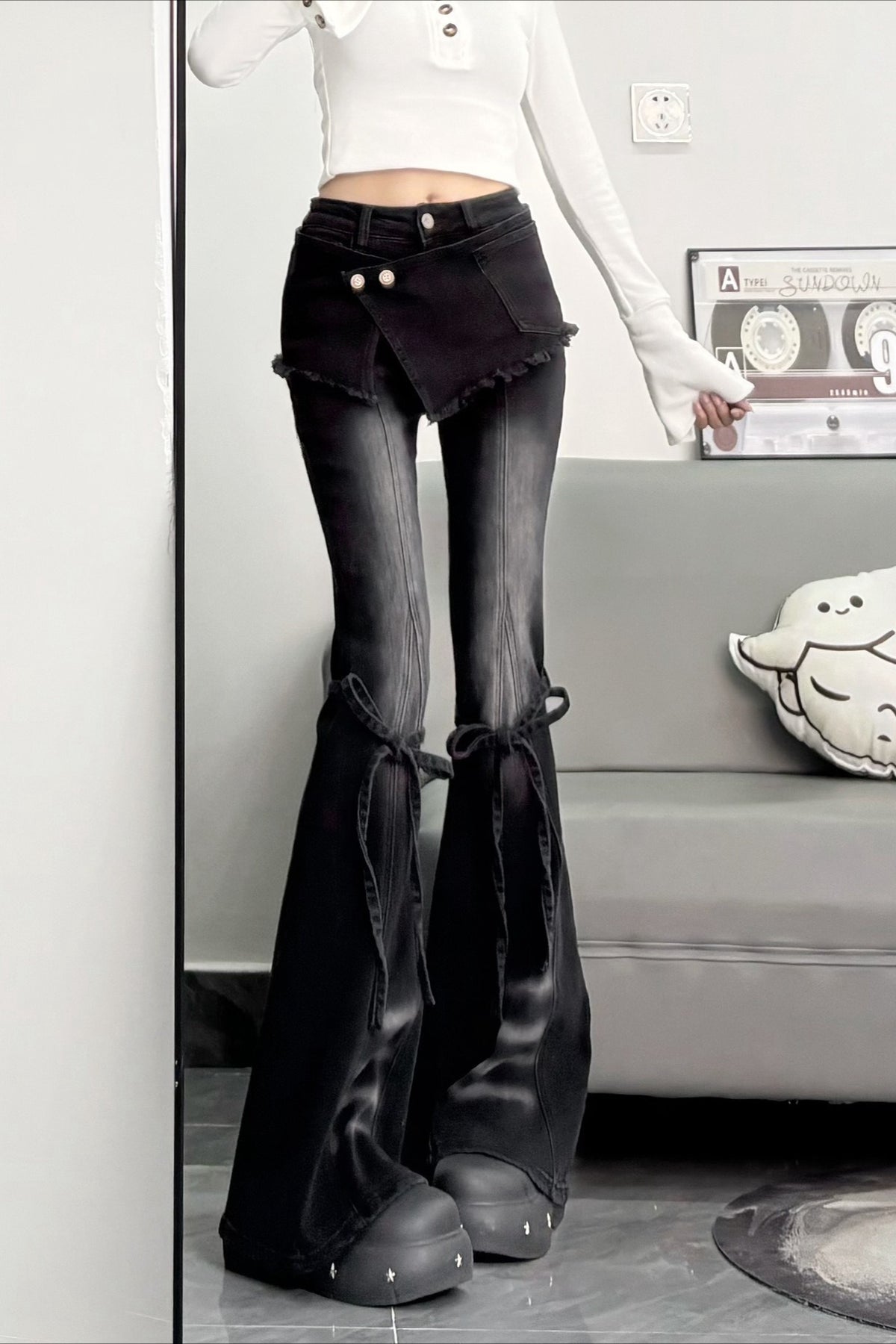 Bow Strap Layered Waist Flare Pants