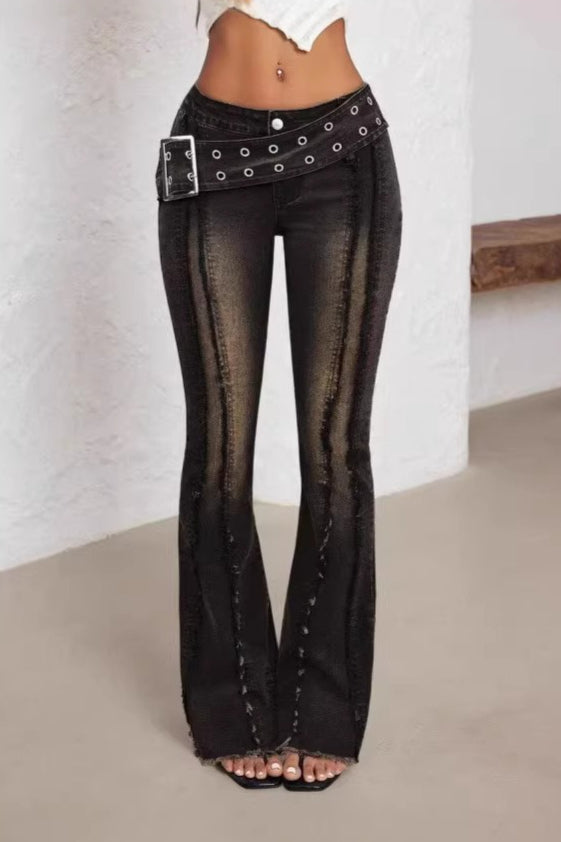 Grommet Belt Washed Flare Jeans Main image