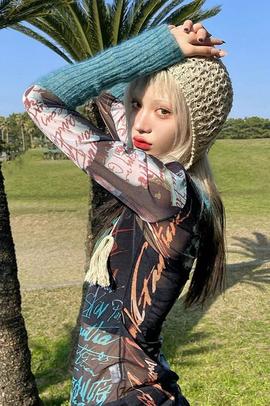 Futuristic Long Sleeve Crew Neck Print Mesh Top