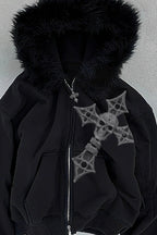 Angel Cross Black Fur Trim Zip Hoodie