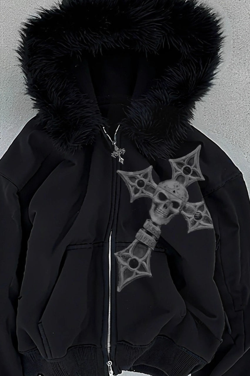 Angel Cross Black Fur Trim Zip Hoodie