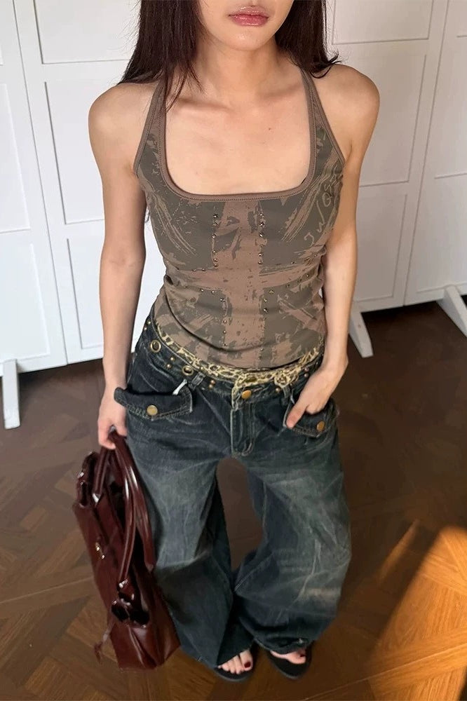 Abstract Print Square Neck Tank Top