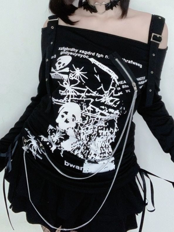 Y2K Gothic Skull Spider Ruching Off Shoulder Long Sleeve Tank Top Main image